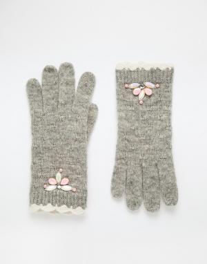 Перчатки с цветком и бусинами Alice Hannah. Цвет: облако