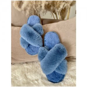 Тапочки домашние гостевые женские эко-мех с открытой носочной частью цвет голубой размер 40-41 (26см) YXK. Цвет: голубой/синий