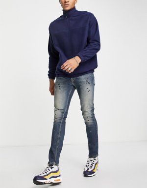 Выбеленные эластичные джинсы зауженного кроя со рваной отделкой и брызгами краски -Голубой Topman
