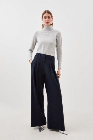 Приталенные фланелевые прямые брюки со складками , синий Karen Millen