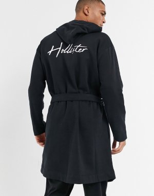 Черный халат на поясе с логотипом и принтом спине -Черный цвет Hollister