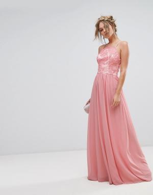 Платье-премиум макси с кружевной отделкой и юбкой из шифона Chi London. Цвет: розовый