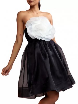 Мини-платье без бретелек с цветком из органзы , черный Cynthia Rowley