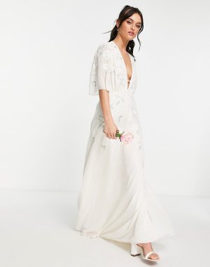 Свадебное платье макси цвета слоновой кости с глубоким вырезом и вышивкой Bridal-Белый Hope & Ivy