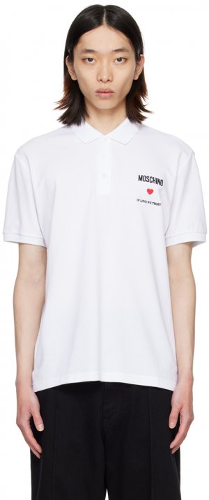 Белая футболка-поло с надписью In Love We Trust Moschino