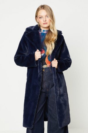 Длинное пальто из плюша искусственного меха с открытым воротником , темно-синий Oasis