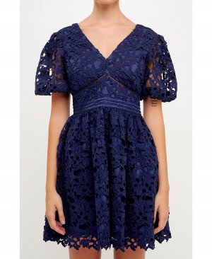 Женское кружевное мини-платье с пышными рукавами крючком endless rose, темно-синий Rose