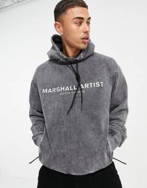 Oversized-худи серого цвета с эффектом кислотной стирки и светоотражающим логотипом -Серый Marshall Artist