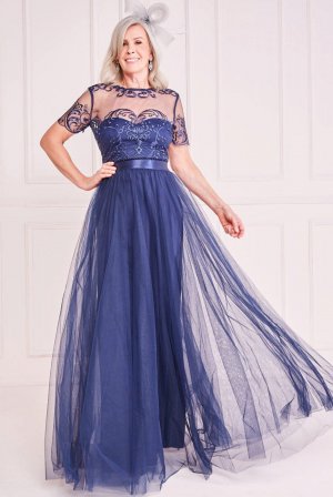 Сетчатое платье макси с вышивкой , синий Goddiva