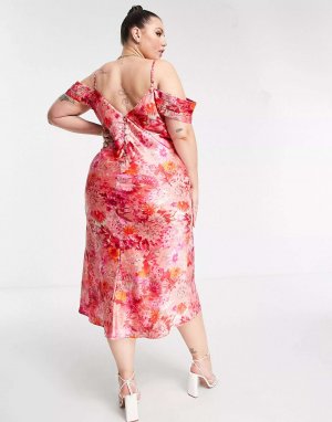 Атласное платье миди с открытыми плечами и красного розового цвета цветочным принтом Hope & Ivy Plus