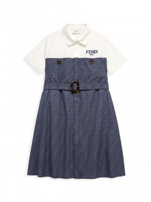 Платье-рубашка с логотипом FF для маленьких девочек и поясом , нави Fendi