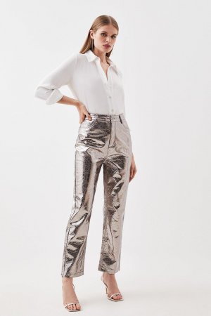 Приталенные брюки прямого кроя из искусственной кожи цвета металлик , серый Karen Millen