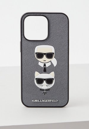 Чехол для iPhone Karl Lagerfeld 13 Pro, PU Saffiano and Choupette Silver. Цвет: серый