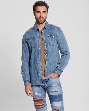 Мужская джинсовая рубашка на пуговицах , индиго Guess