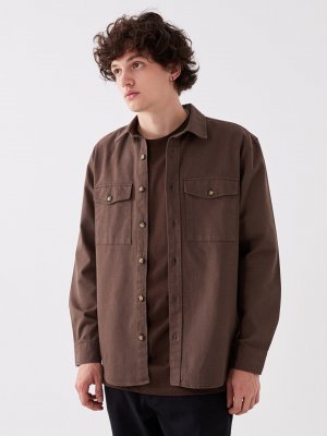 Мужская габардиновая куртка-рубашка стандартного кроя с длинными рукавами , темно коричневый LCW Casual