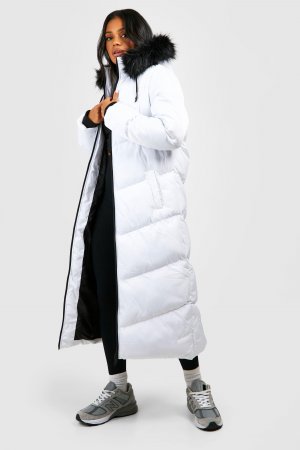 Длинная куртка-пуховик с отделкой из искусственного меха boohoo, белый Boohoo