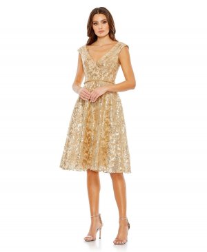 Женское платье с V-образным вырезом и короткими рукавами, расшитое пайетками MAC DUGGAL, золотой Duggal