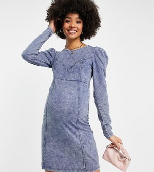 Синее платье мини с объемными рукавами и эффектом кислотной стирки Mamalicious Maternity-Голубой Mama.licious