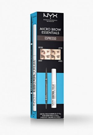 Набор для макияжа бровей Nyx Professional Makeup MICRO BROW ESSENTIALS, ESPRESSO, гель Control Freak Gel, карандаш Pencil. Цвет: коричневый