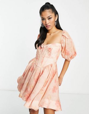 Корсетное платье мини с пышными рукавами и абрикосовым цветочным принтом Bardot