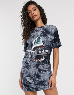 Платье-футболка в стиле oversized с логотипом-акулой -Черный цвет Sixth June