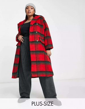 Двубортное длинное пальто в красную клетку QED London