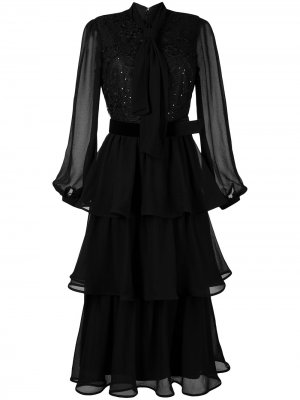 Ярусное платье с завязками на воротнике Badgley Mischka. Цвет: черный
