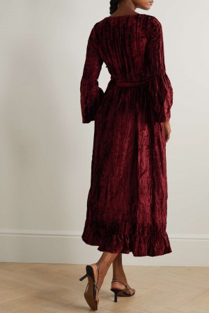 BATSHEVA платье миди Avery из жатого бархата с поясом и оборками, красный