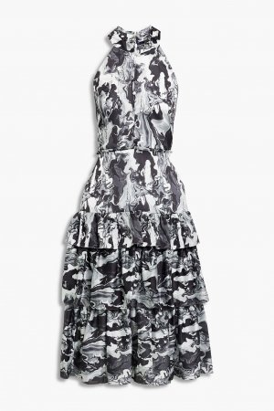 Многоярусное платье миди из крепдешина с принтом MARCHESA NOTTE, черный Notte