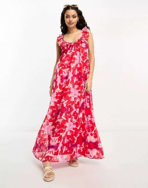 Красное платье-комбинация с цветочным принтом и оборками River Island