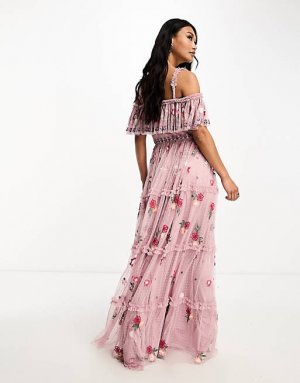 Розовое мульти-платье макси с пышной юбкой и вышивкой Premium Maya