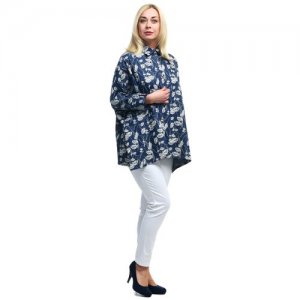 Блузка-рубашка женская трапеция из хлопка джинсовая повседневная с длинными рукавами plus size (большие размеры) OLS. Цвет: голубой