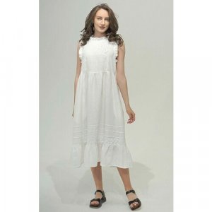 Платье лен, повседневное, свободный силуэт, миди, карманы, размер 46-48, белый OSTRAYA ROZA. Цвет: белый