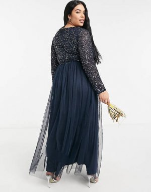 Темно-синее платье макси из тюля с длинными рукавами и нежными пайетками Plus Bridesmaid Maya