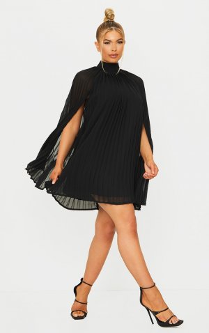 Черное платье прямого кроя с высоким воротником и плиссированной накидкой PrettyLittleThing