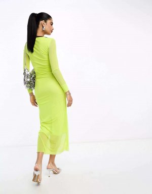 Лаймово-зеленое сетчатое платье миди с длинными рукавами Y.A.S