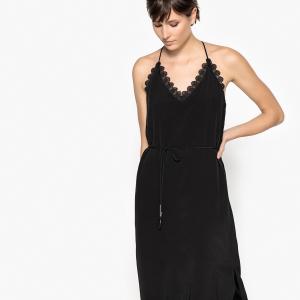 Платье-миди с V-образным вырезом, тонкими бретелями и кружевом SUNCOO. Цвет: черный