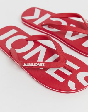 Красные шлепанцы с названием бренда на стельке -Красный Jack & Jones
