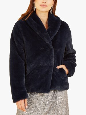 Короткое пальто из искусственного меха с запахом, темно-синий Yumi