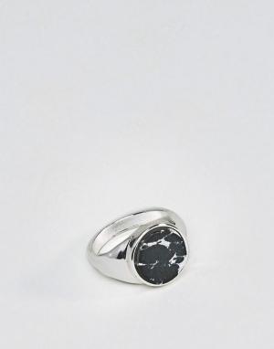 Серебристое кольцо-печатка с черным камнем -Серебряный Chained & Able