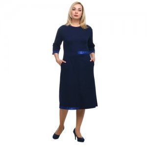 Платье-трапеция однотонное строгое классическое офисное с карманами 3/4 рукав plus size (большие размеры) OL/1805022/2-50 OLS. Цвет: синий