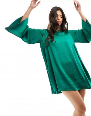 Мини-платье изумрудно-зеленого цвета с объемными рукавами и воланами London Flounce