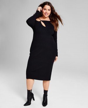Модное вязаное платье-свитер в рубчик большого размера с цепочкой и ремешком , черный And Now This