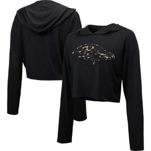 Женский укороченный пуловер с капюшоном леопардовым принтом Threads черного цвета Baltimore Ravens Majestic