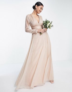 Светло-розовое платье макси со сборками на талии, длинными рукавами и юбкой складками ASOS DESIGN Bridesmaid