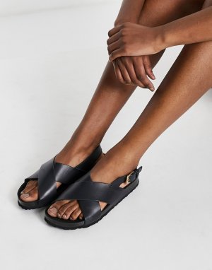 Черные кожаные сандалии на плоской подошве -Черный цвет Kaltur