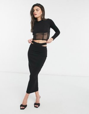 Черная приталенная юбка макси с декоративными вырезами от комплекта -Черный цвет Vesper