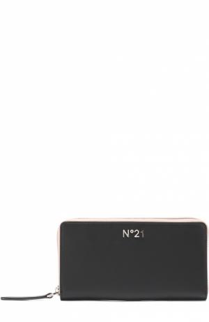 Кожаное портмоне с принтом на молнии No. 21. Цвет: черный