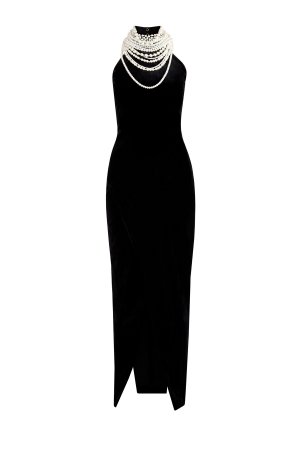 Бархатное вечернее платье с расшитым вручную воротом и ярусным колье BALMAIN. Цвет: черный