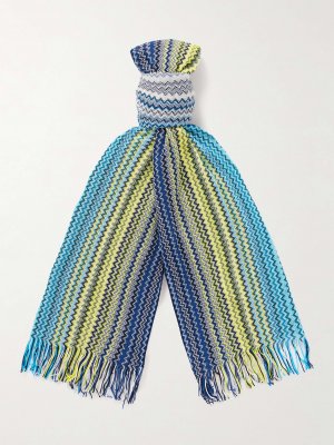Вязаный крючком хлопковый шарф в полоску с бахромой MISSONI, синий Missoni